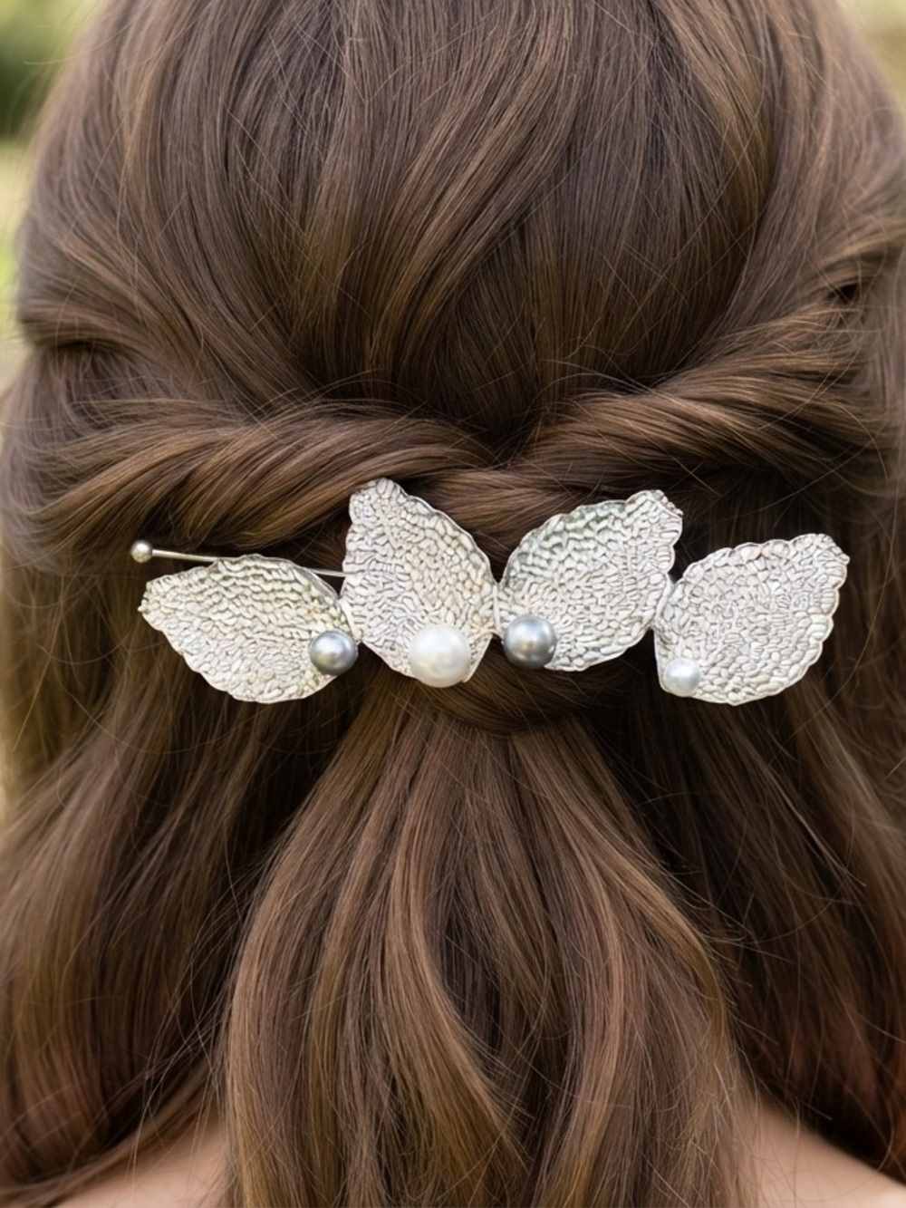Silver Leaf Pearl Accent Hair Pin - Silver
